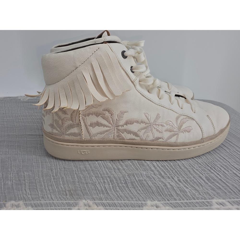 UGG Mens Fringed Palm Tree Embroidered Leather High Top Sneakers Cream 13